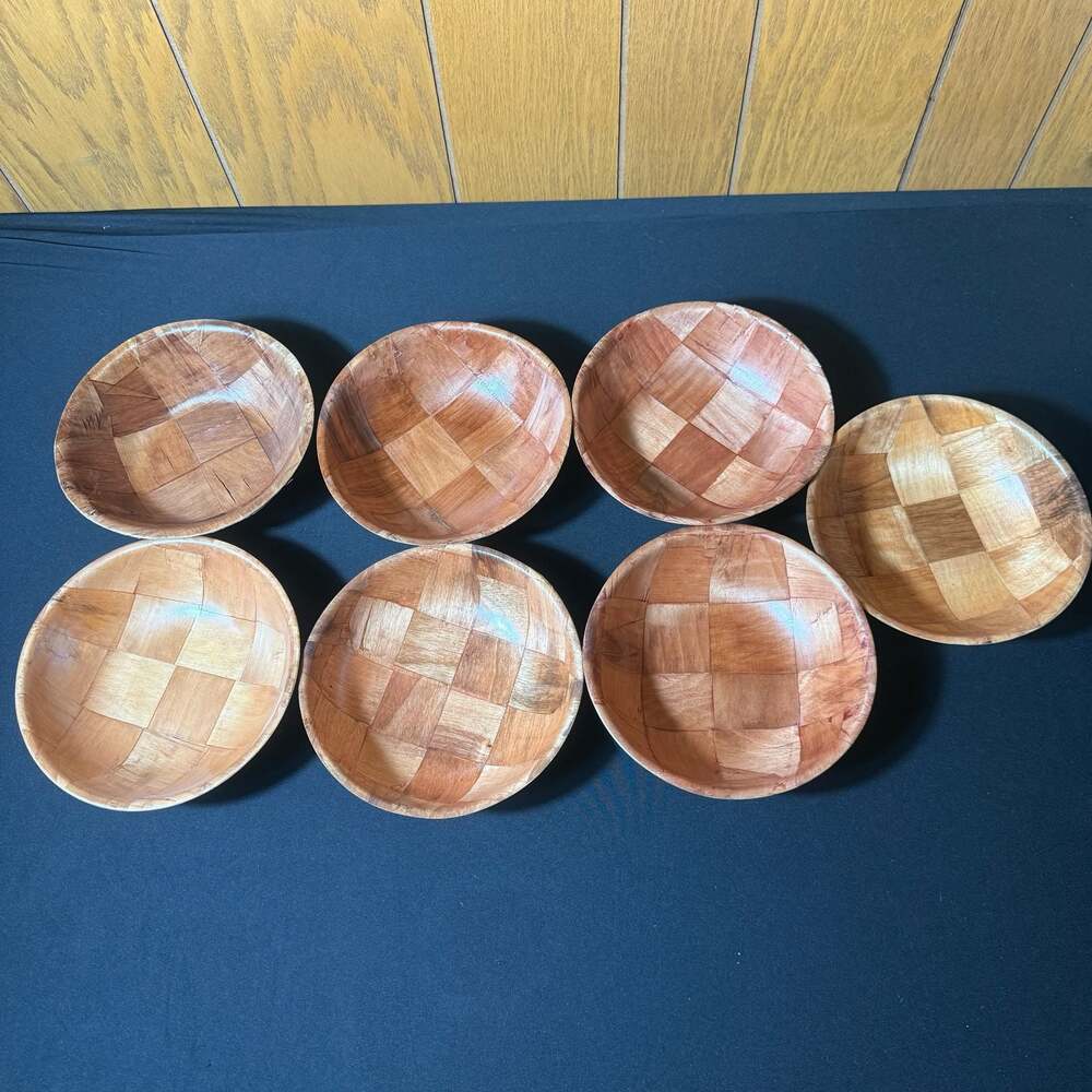 Vintage Woven Wood Salad Bowls Set of 7